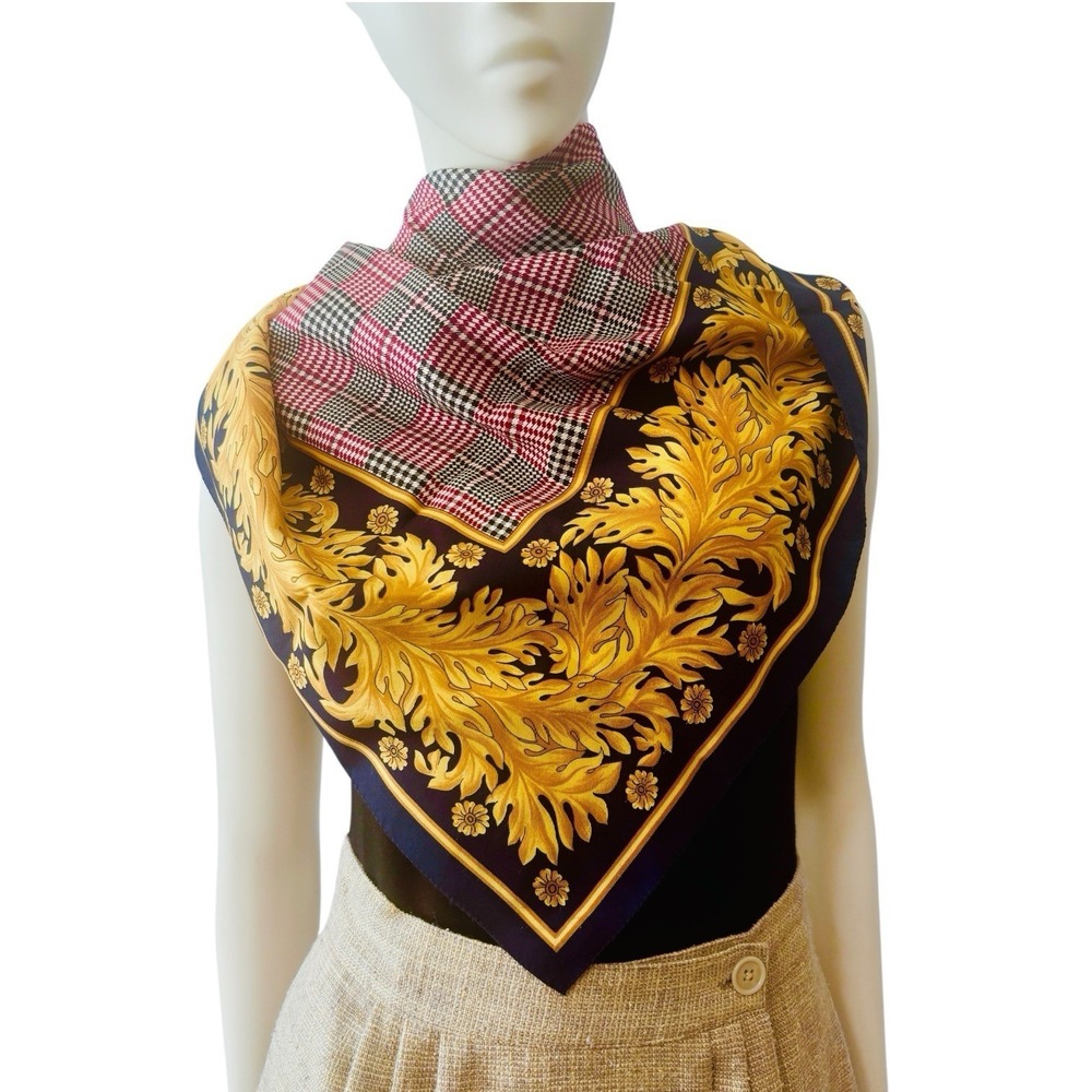 VTG Baroque Gold,‎ Blue and  Red Houndstooth Polyester Scarf Made in ITALY  33"